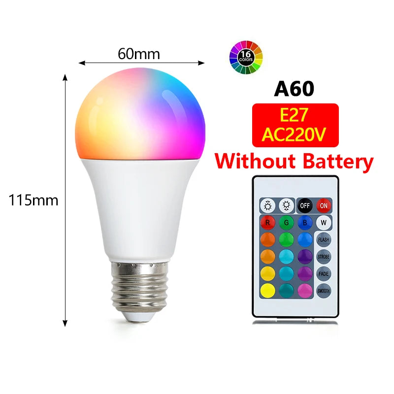 16-Color RGB LED Bulb E27 – Dimmable with Remote