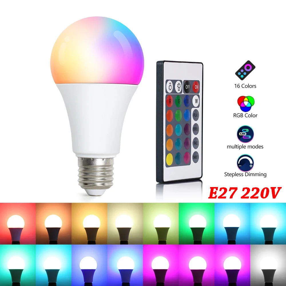 16-Color RGB LED Bulb E27 – Dimmable with Remote