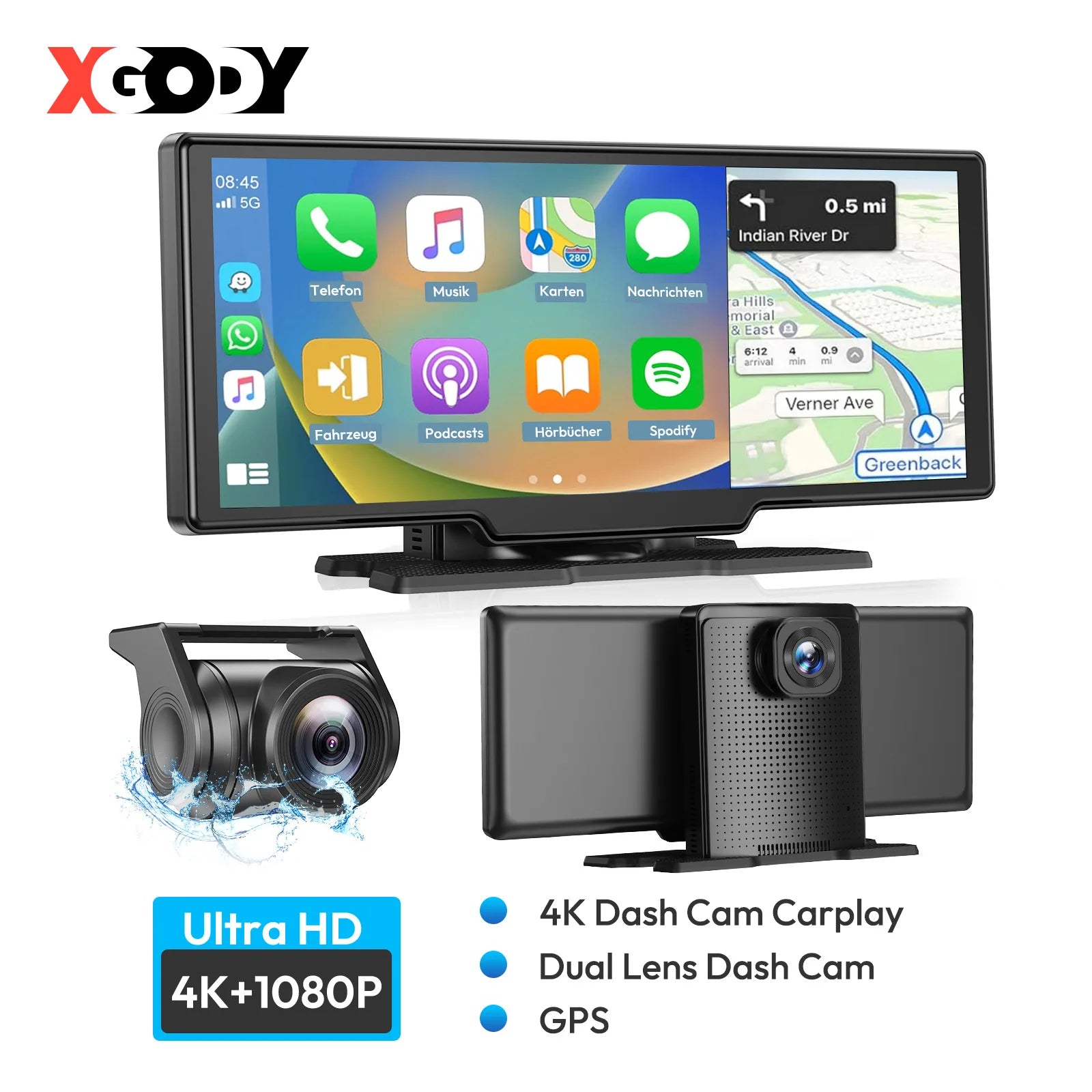 10" 4K Car Dash Cam with Apple CarPlay, Android Auto & GPS